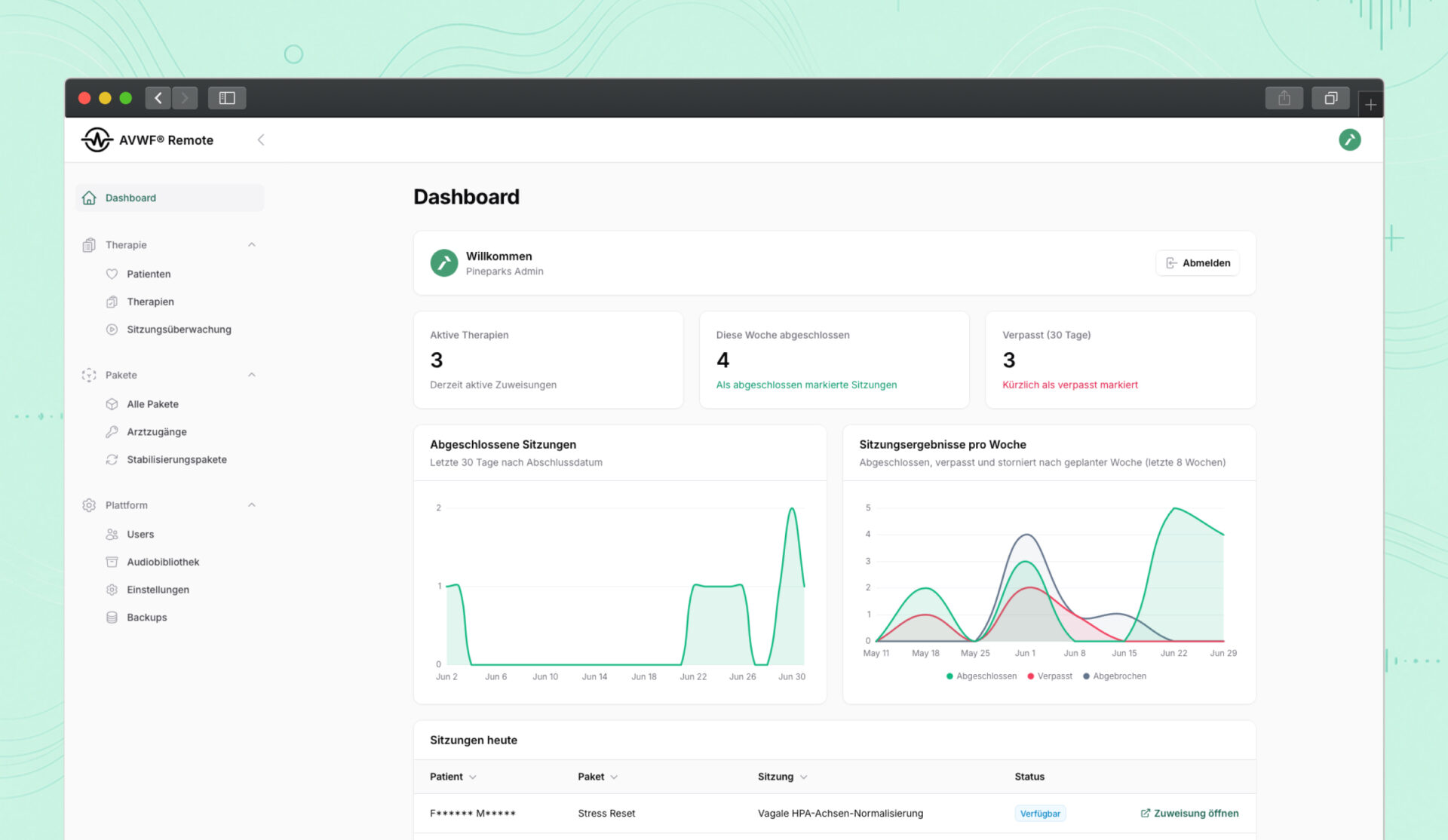 Healthcare administration dashboard for patient management, therapy monitoring and remote audio treatment platform.