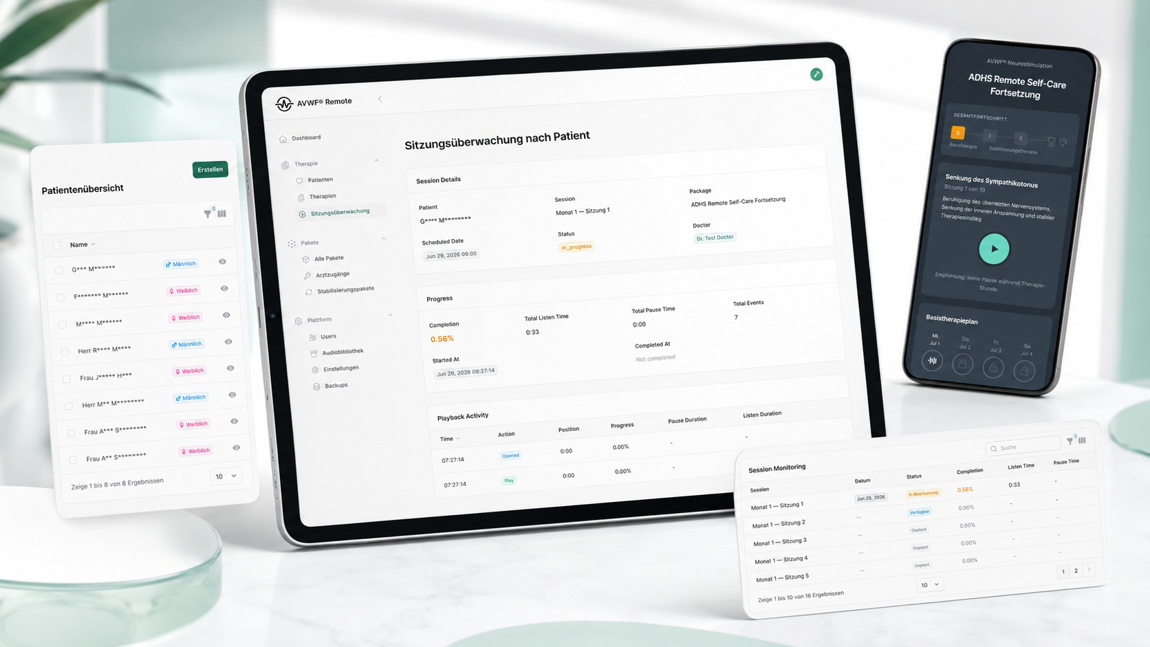 Patient therapy monitoring dashboard with real-time progress tracking, session analytics and secure remote audio therapy management.